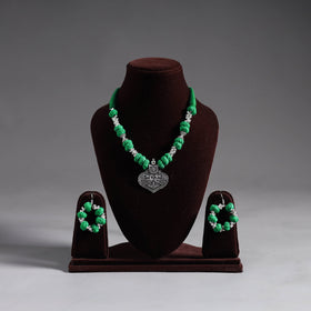 Green - thread beads handmade german silver necklace set 01