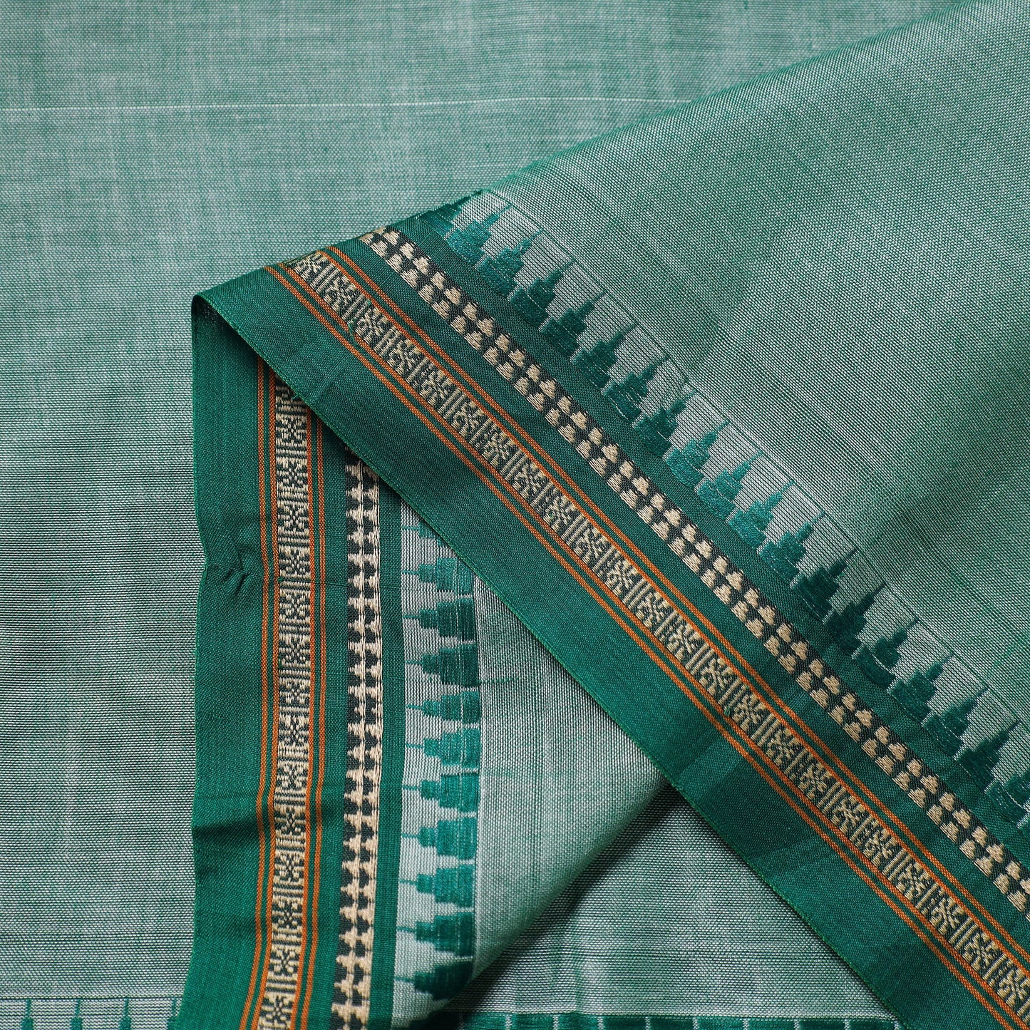 Green - thread border dharwad cotton fabric 17 - handcrafted