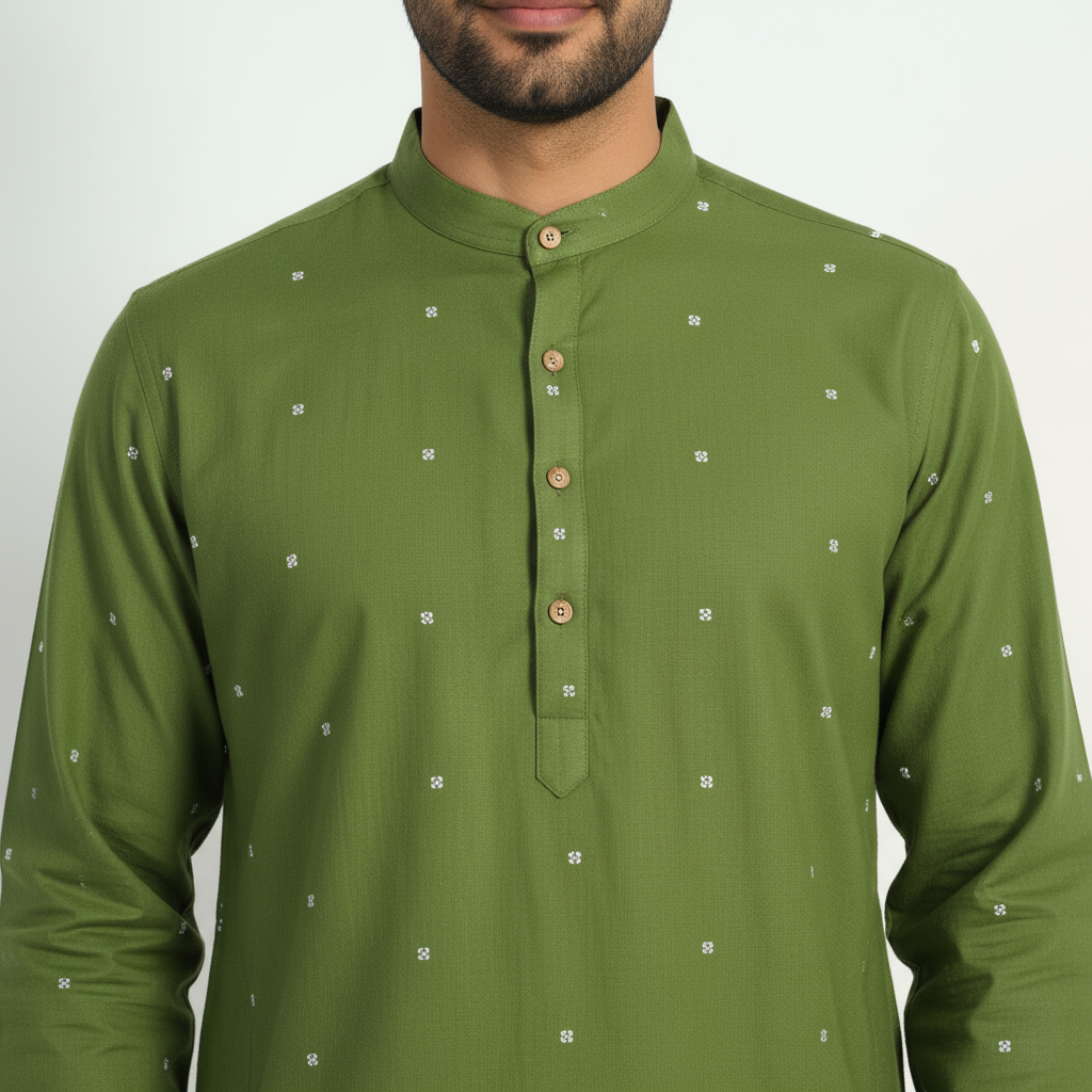 Green - thread buti cotton long plain kurta for men 04