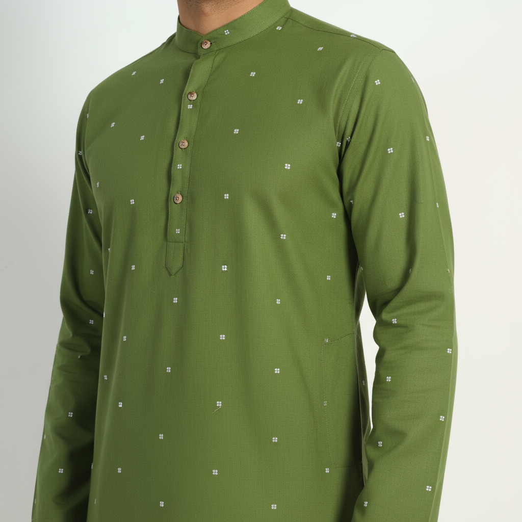 Green - thread buti cotton long plain kurta for men 04