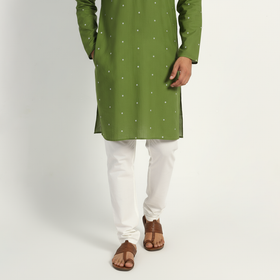 Green - thread buti cotton long plain kurta for men 04