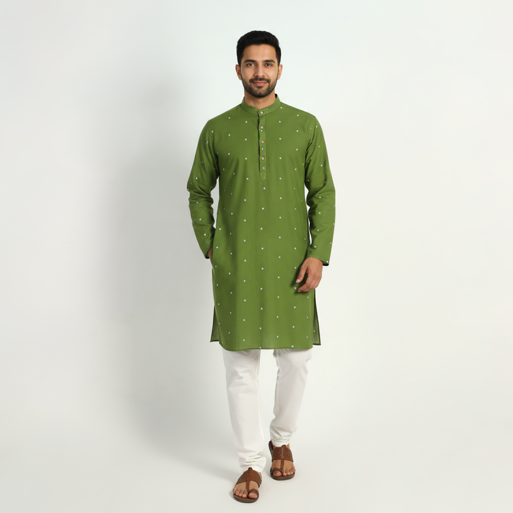 Green - thread buti cotton long plain kurta for men 04