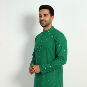 Green - thread buti cotton long plain kurta for men 07