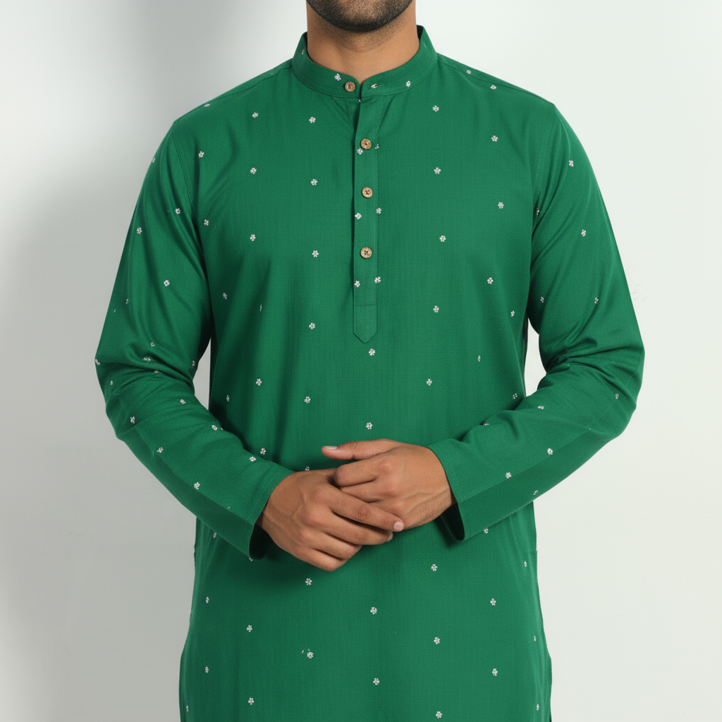 Green - thread buti cotton long plain kurta for men 07