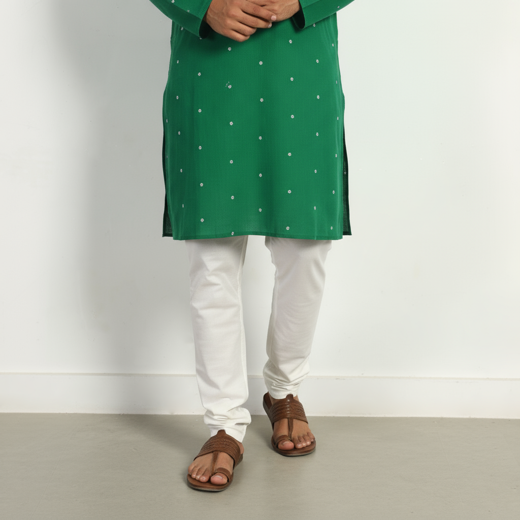 Green - thread buti cotton long plain kurta for men 07