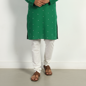 Green - thread buti cotton long plain kurta for men 07
