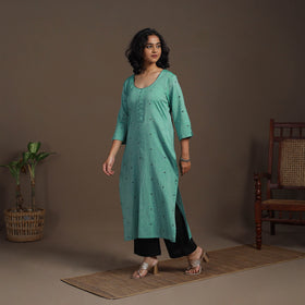 Green Thread Buti Work Cotton Plain Kurta Set (Set of 2)