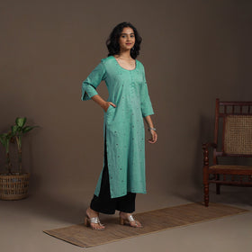 Green Thread Buti Work Cotton Plain Kurta Set (Set of 2)