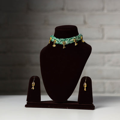 Green - thread work german silver necklace set 06