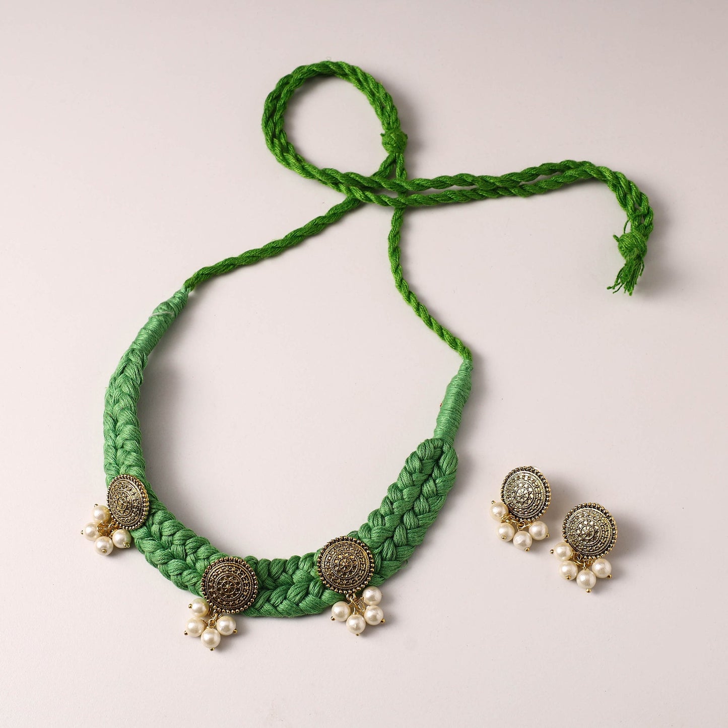 Green - thread work german silver necklace set 20