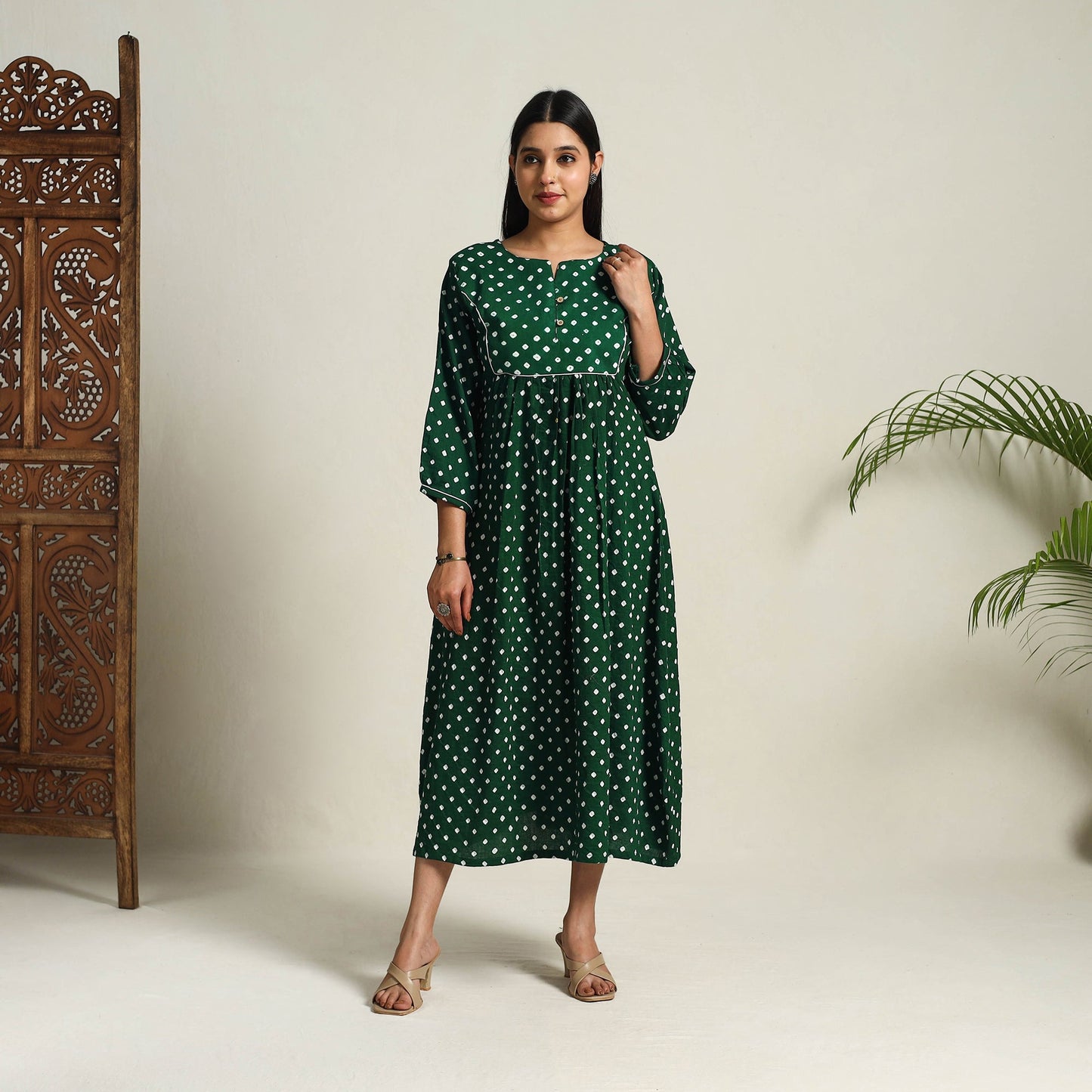 Green - Tie & Dye Cotton Flared Bandhani Dress 02