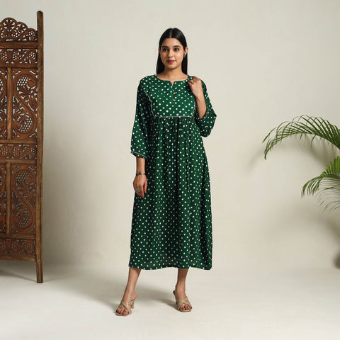 Green - Tie & Dye Cotton Flared Bandhani Dress 02
