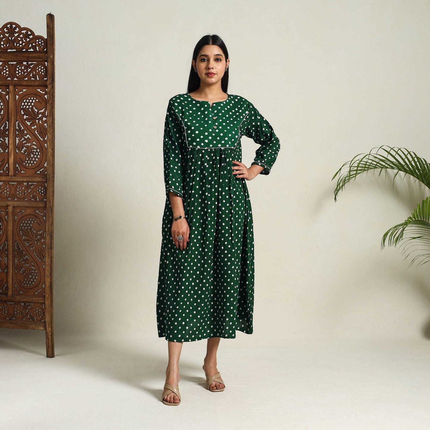 Green - Tie & Dye Cotton Flared Bandhani Dress 02