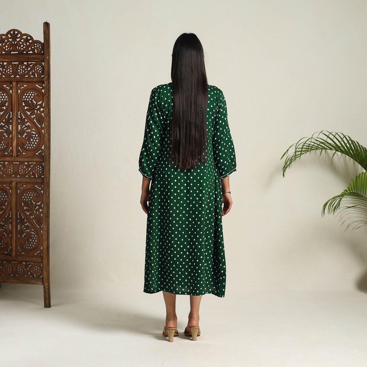 Green - Tie & Dye Cotton Flared Bandhani Dress 02