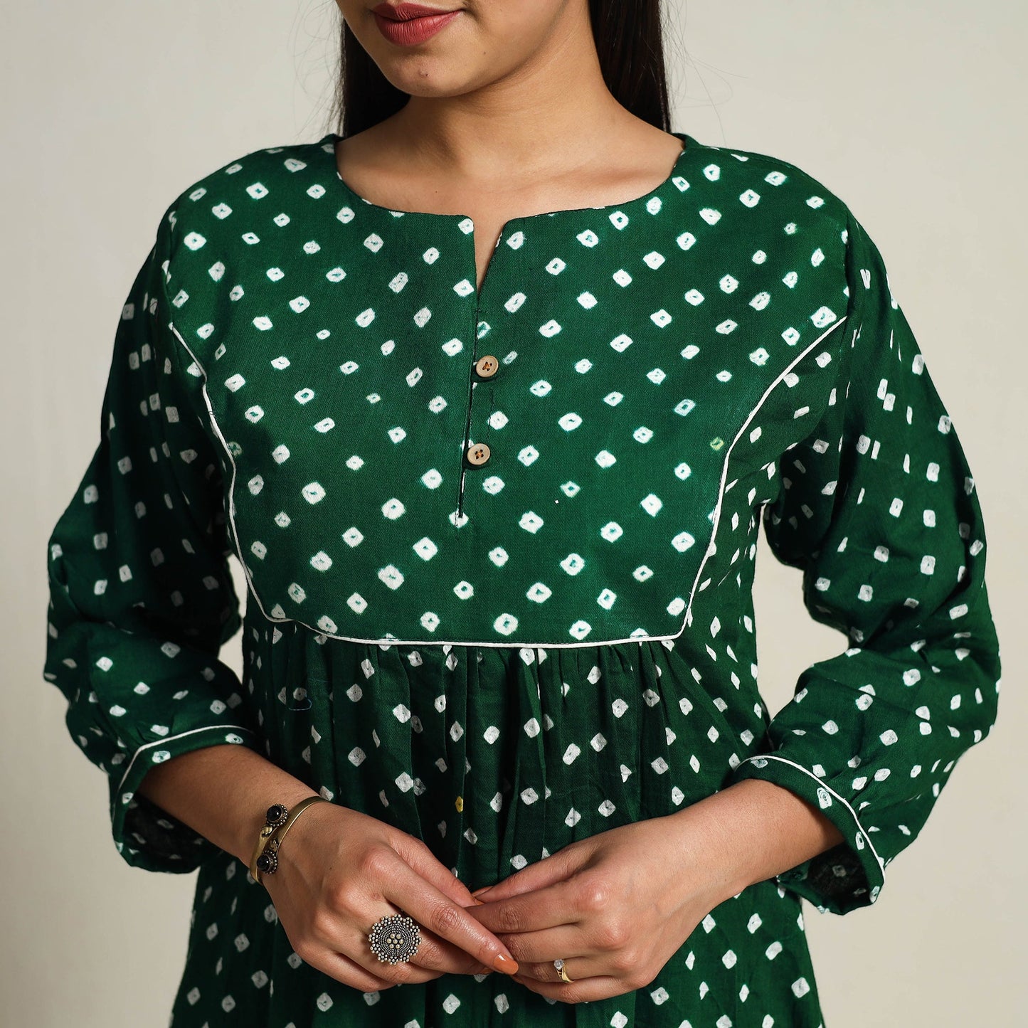 Green - Tie & Dye Cotton Flared Bandhani Dress 02