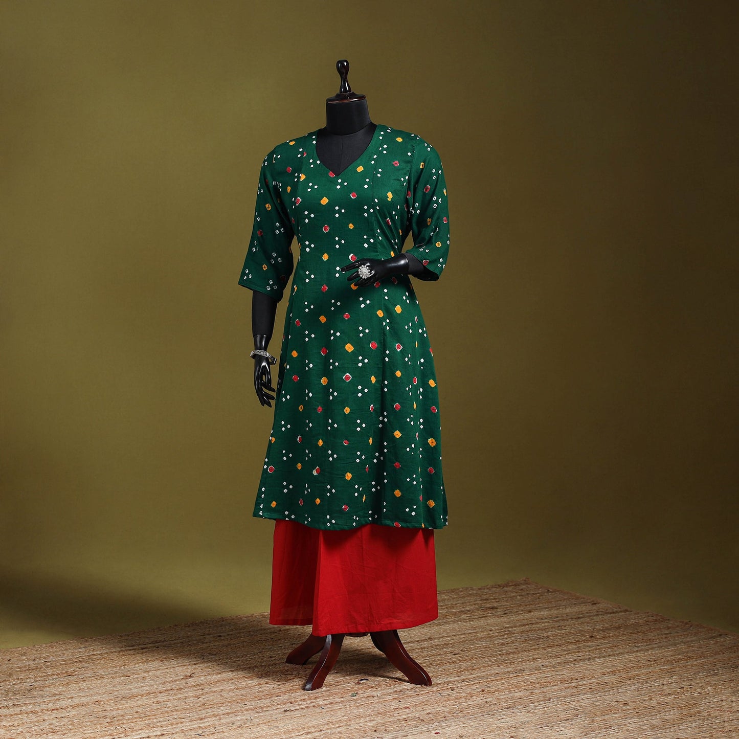 Green - tie-dye cotton a-line bandhani kurta 05