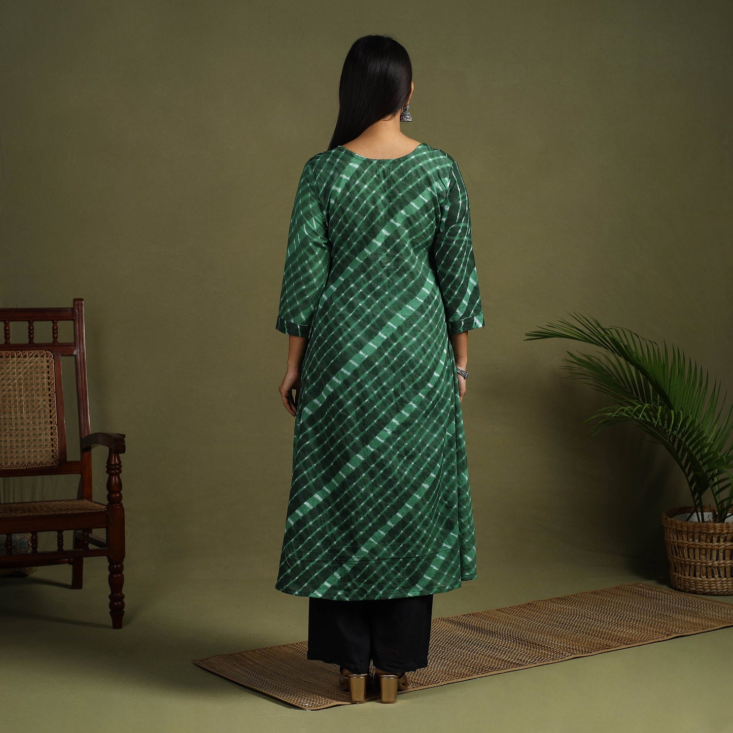 Green - tie-dye cotton a-line leheriya kurta 01