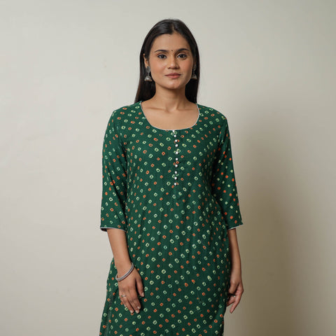 Buy Green Tie & dye Cotton Straight Bandhani Kurta for Women