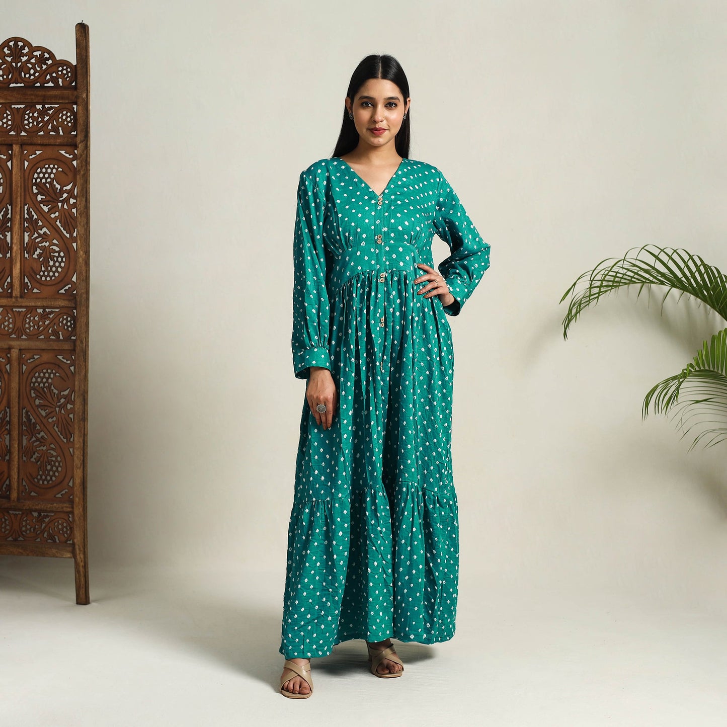 Buy Green Tie & Dye Cotton Tiered Fit & Flare Bandhani Dress