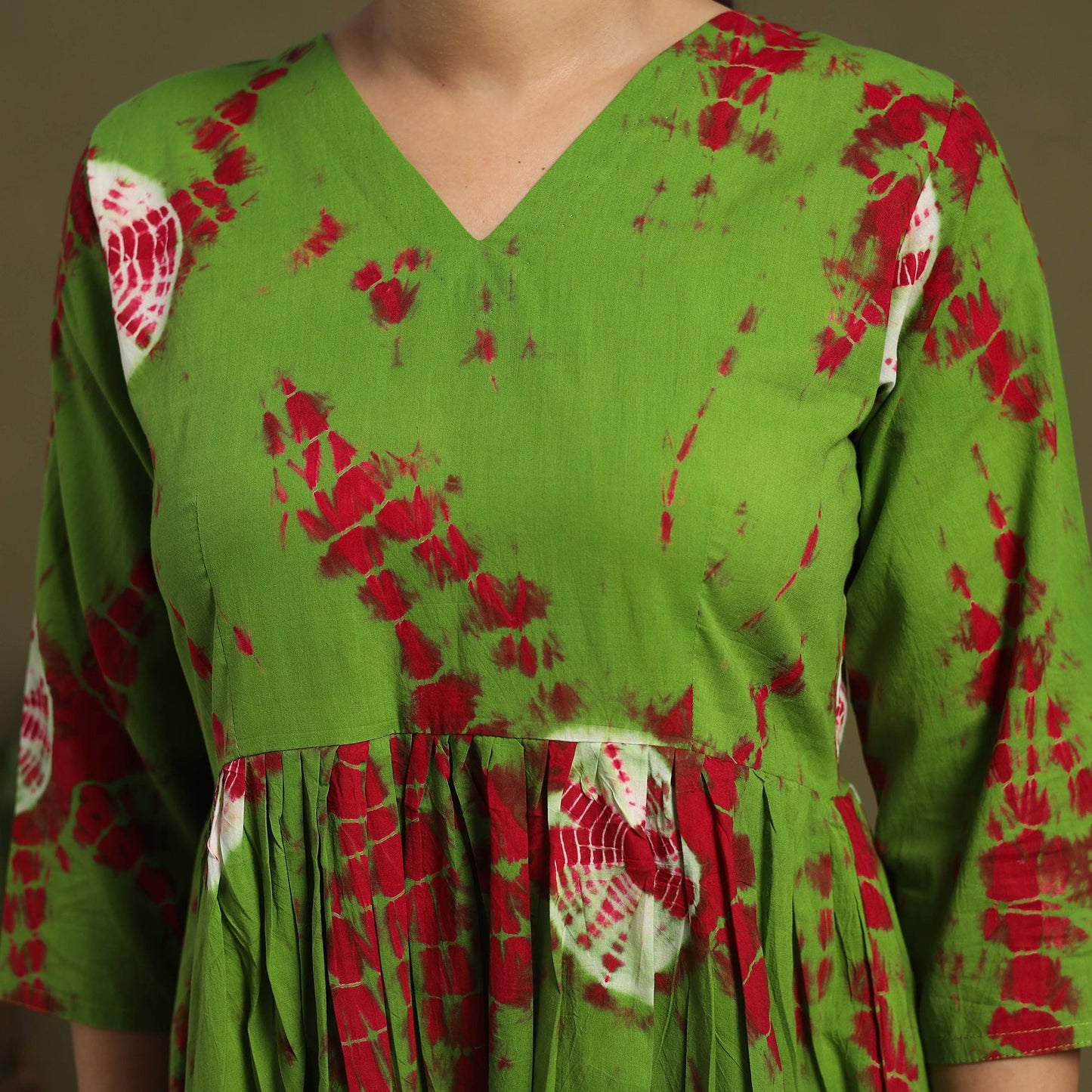 Green Tie-Dye Cotton Tiered Shibori Dress