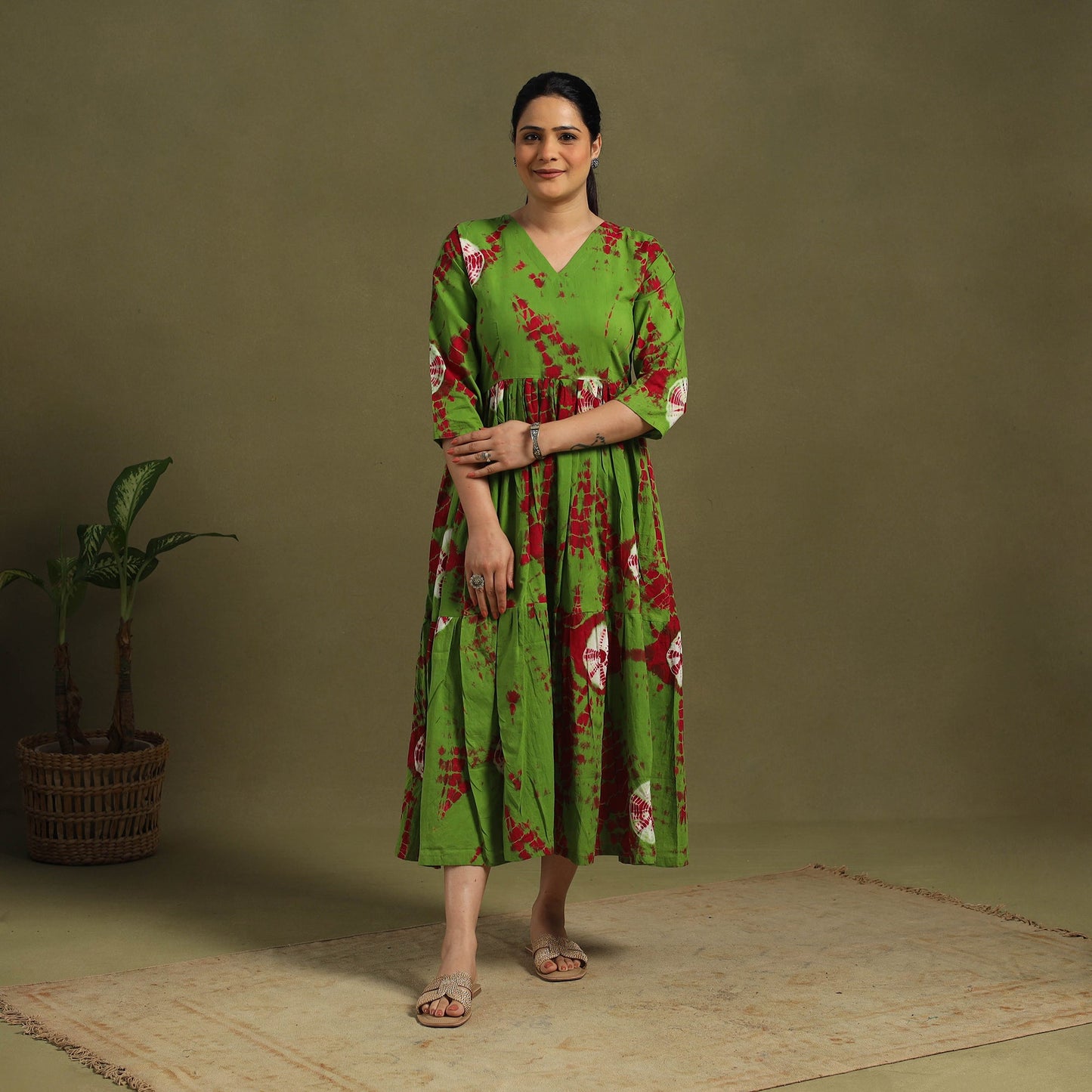 Green Tie-Dye Cotton Tiered Shibori Dress