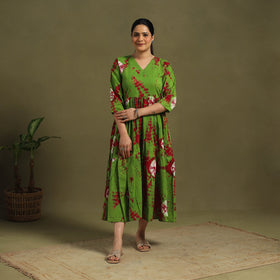 Green Tie-Dye Cotton Tiered Shibori Dress