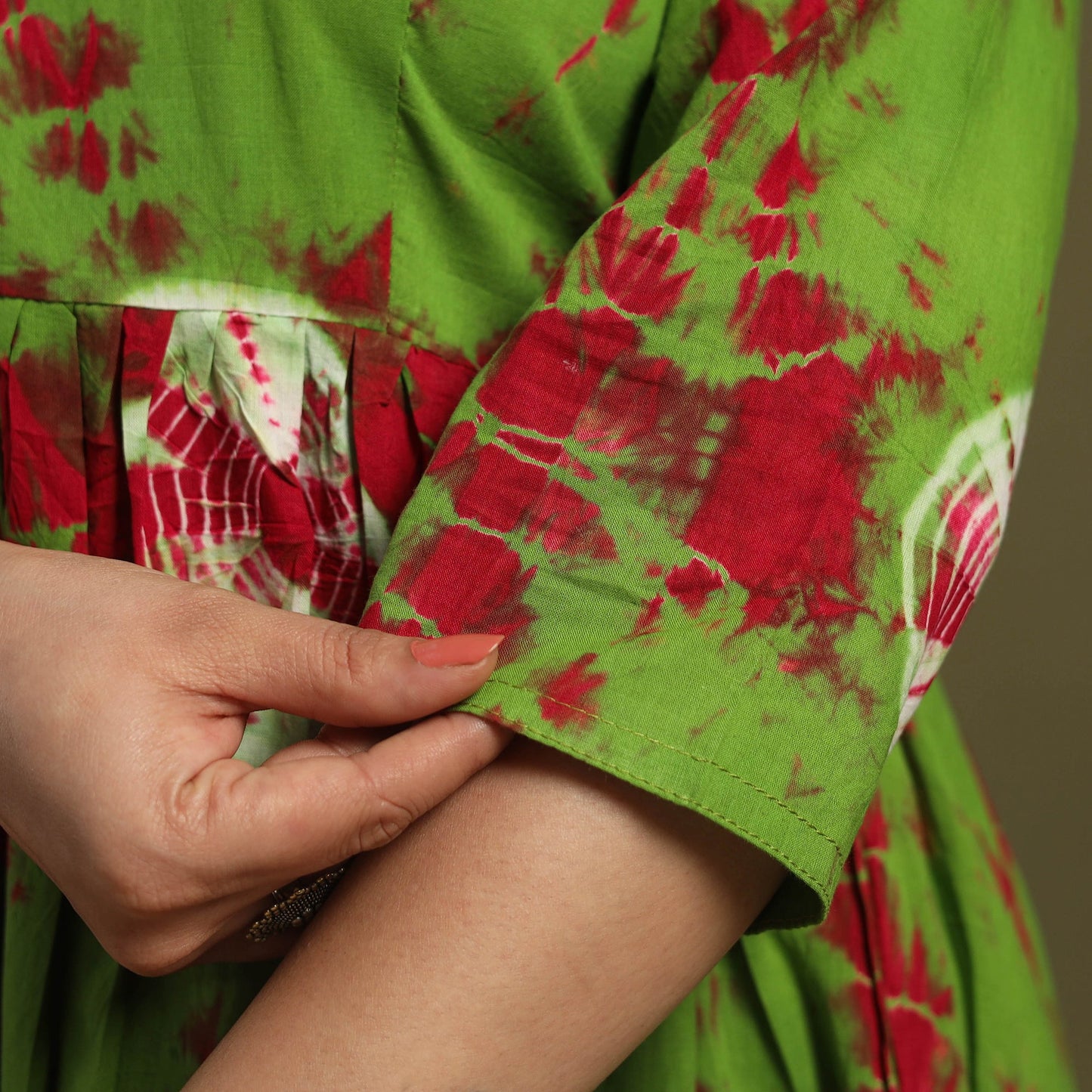 Green Tie-Dye Cotton Tiered Shibori Dress