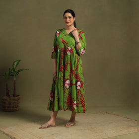 Green Tie-Dye Cotton Tiered Shibori Dress