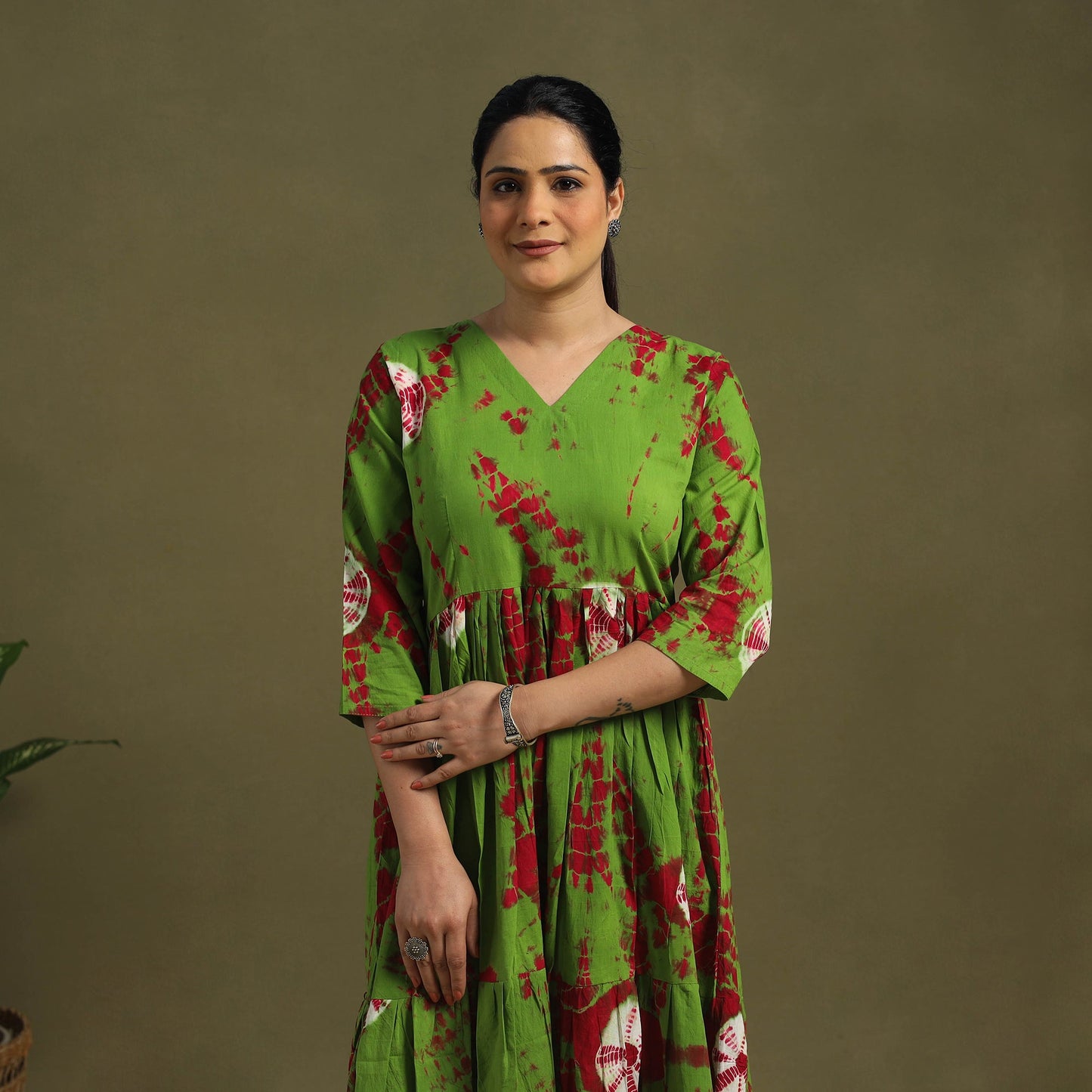 Green Tie-Dye Cotton Tiered Shibori Dress