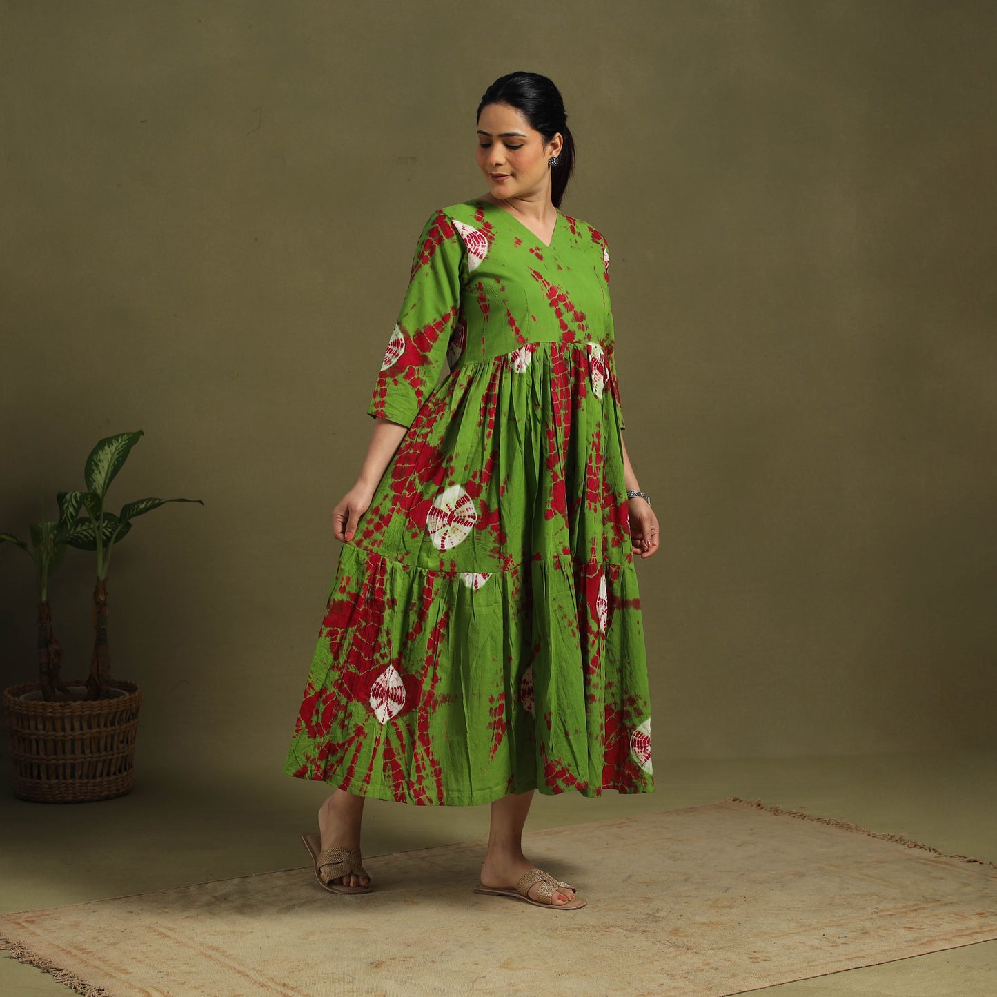 Green Tie-Dye Cotton Tiered Shibori Dress