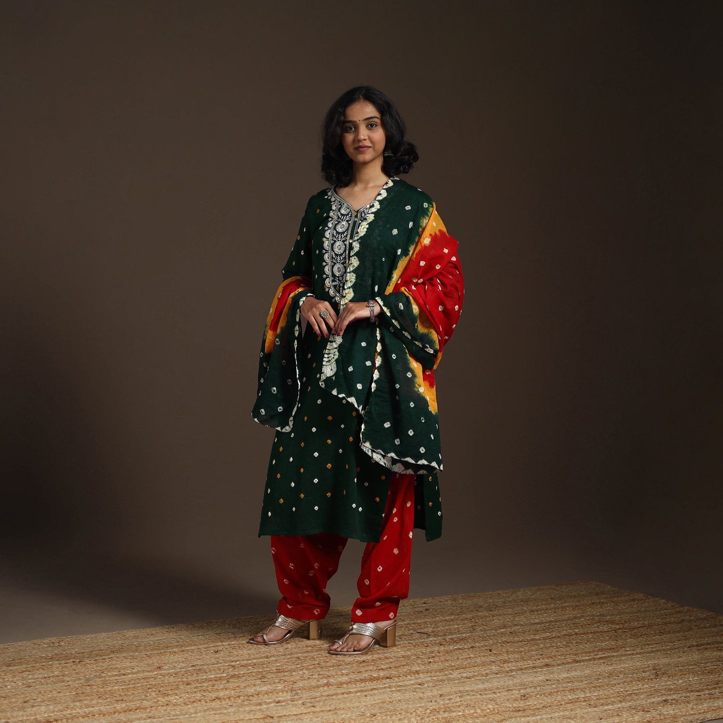 Green - tie-dye embroidered cotton bandhani kurta set (set