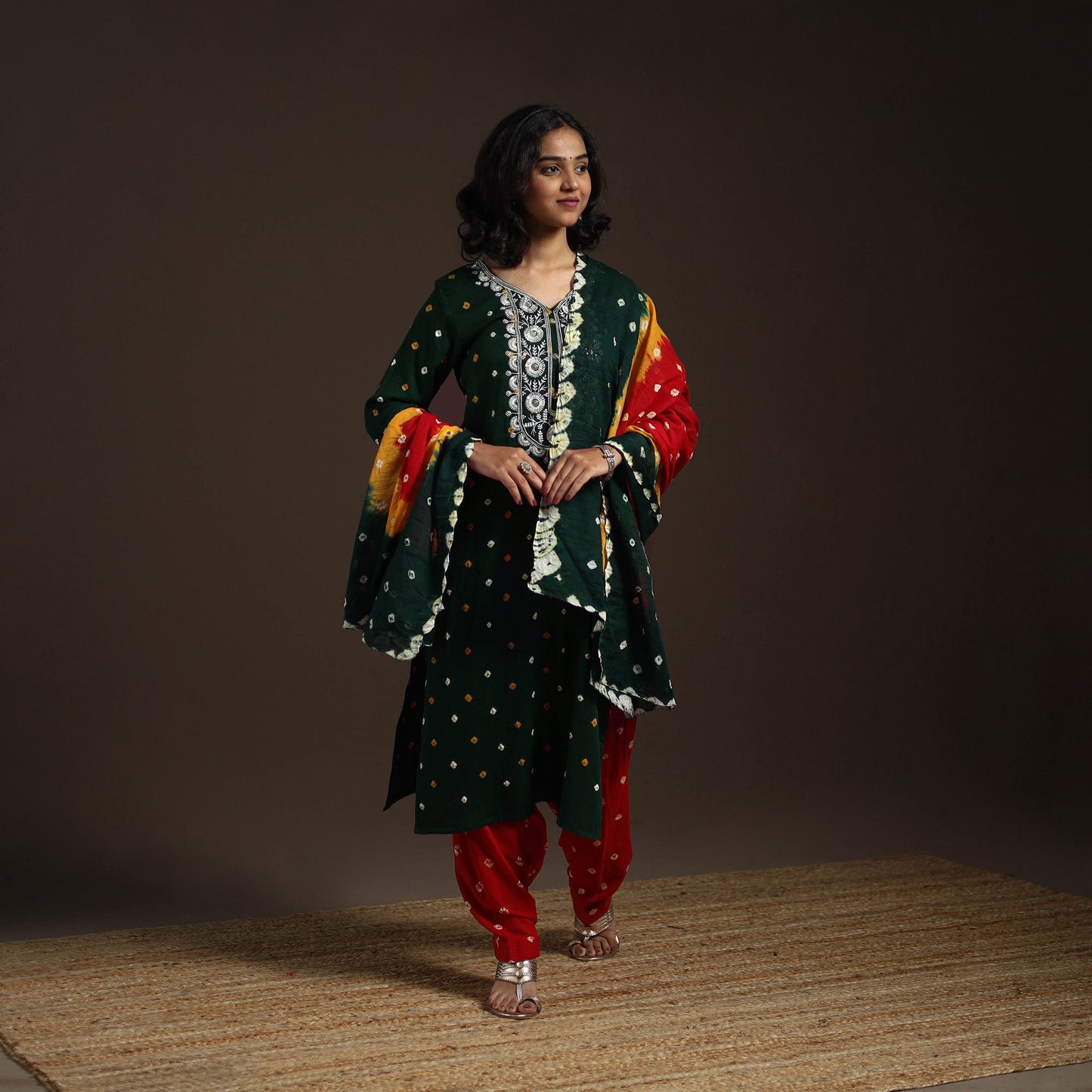 Green - tie-dye embroidered cotton bandhani kurta set (set