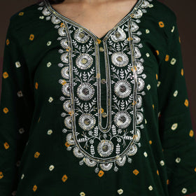 Green - tie-dye embroidered cotton bandhani kurta set (set