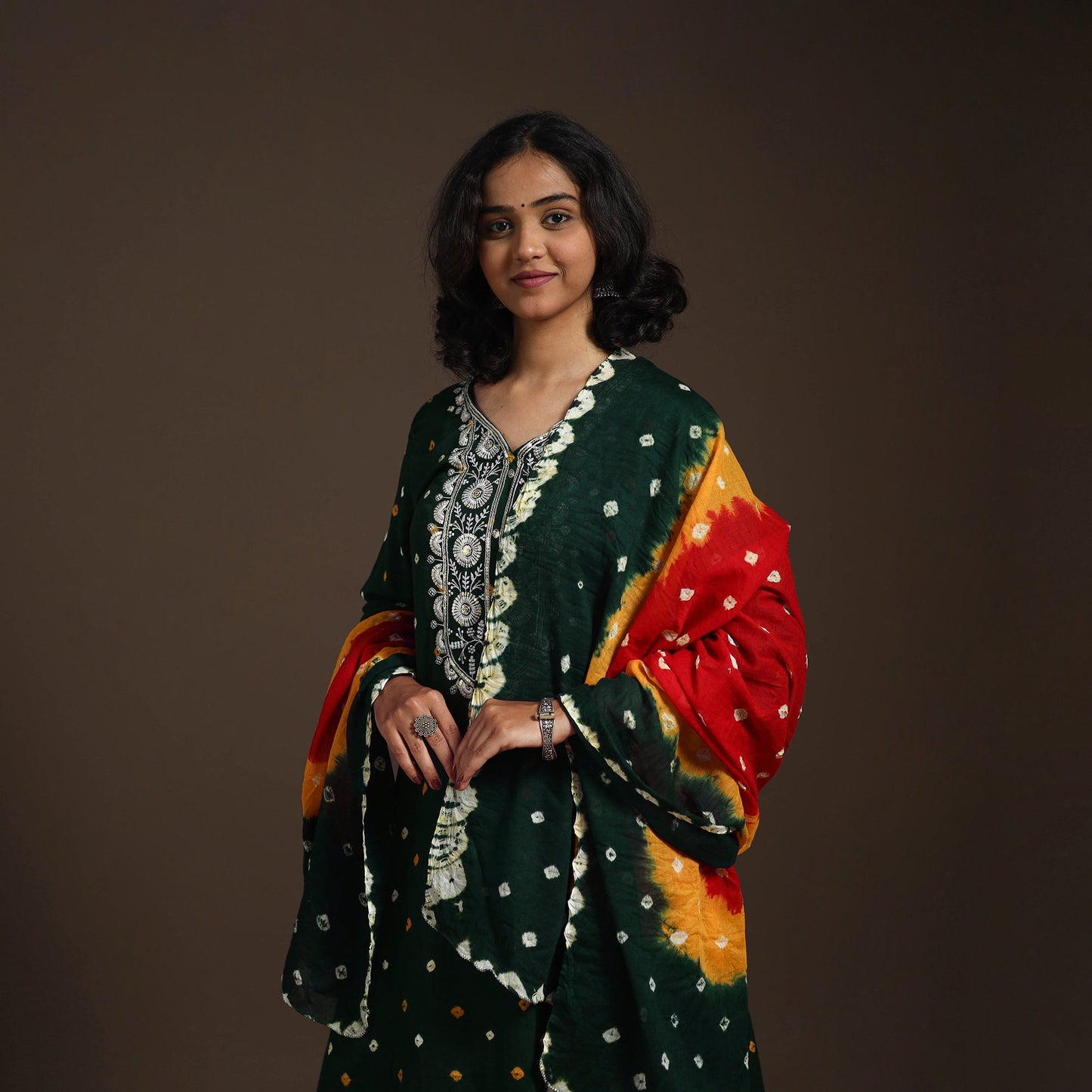 Green - tie-dye embroidered cotton bandhani kurta set (set
