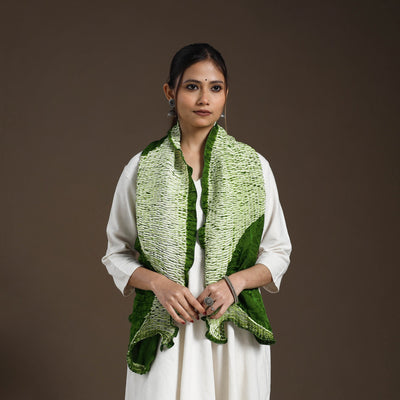 Green - tie & dye gajji silk shibori stole 10 - handcrafted