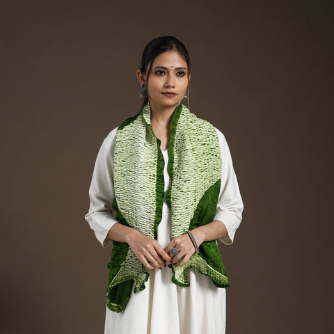 Green - tie & dye gajji silk shibori stole 10 - handcrafted