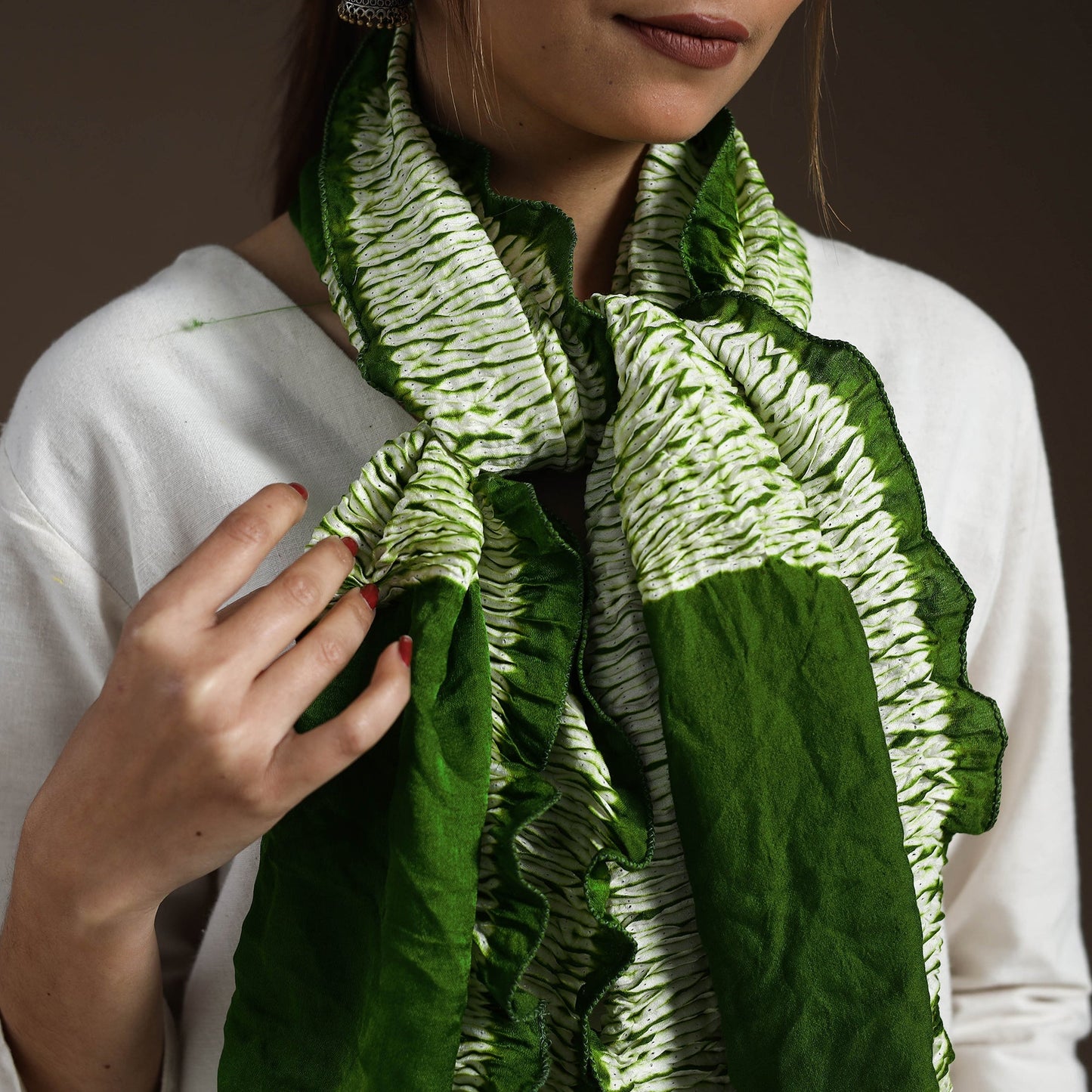 Green - tie & dye gajji silk shibori stole 10 - handcrafted