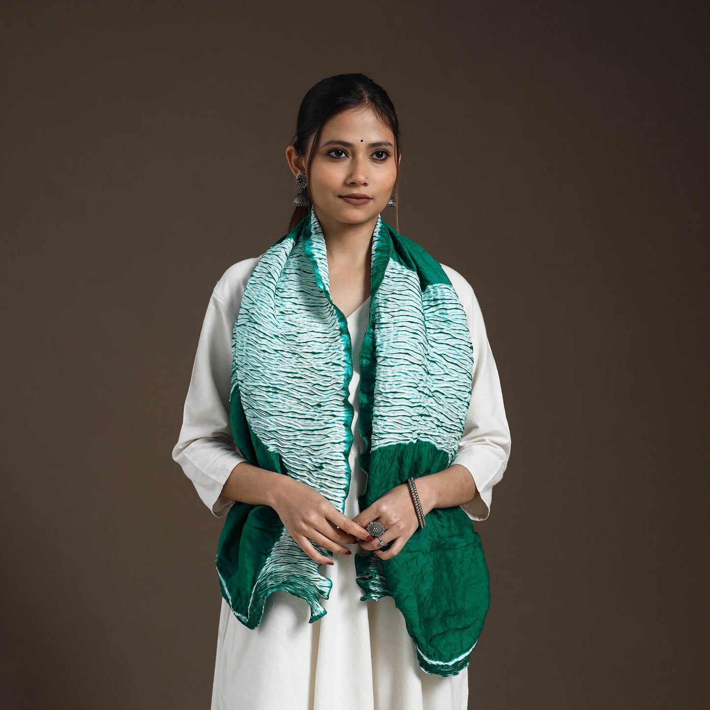 Green - tie & dye gajji silk shibori stole 13 - handcrafted