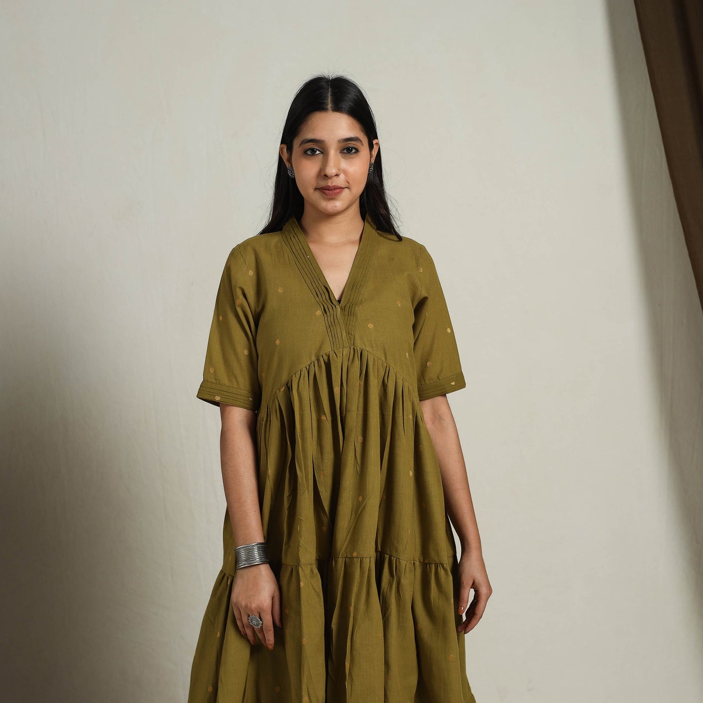  Tiered Fit & Flare Cotton Green Jacquard Dress 