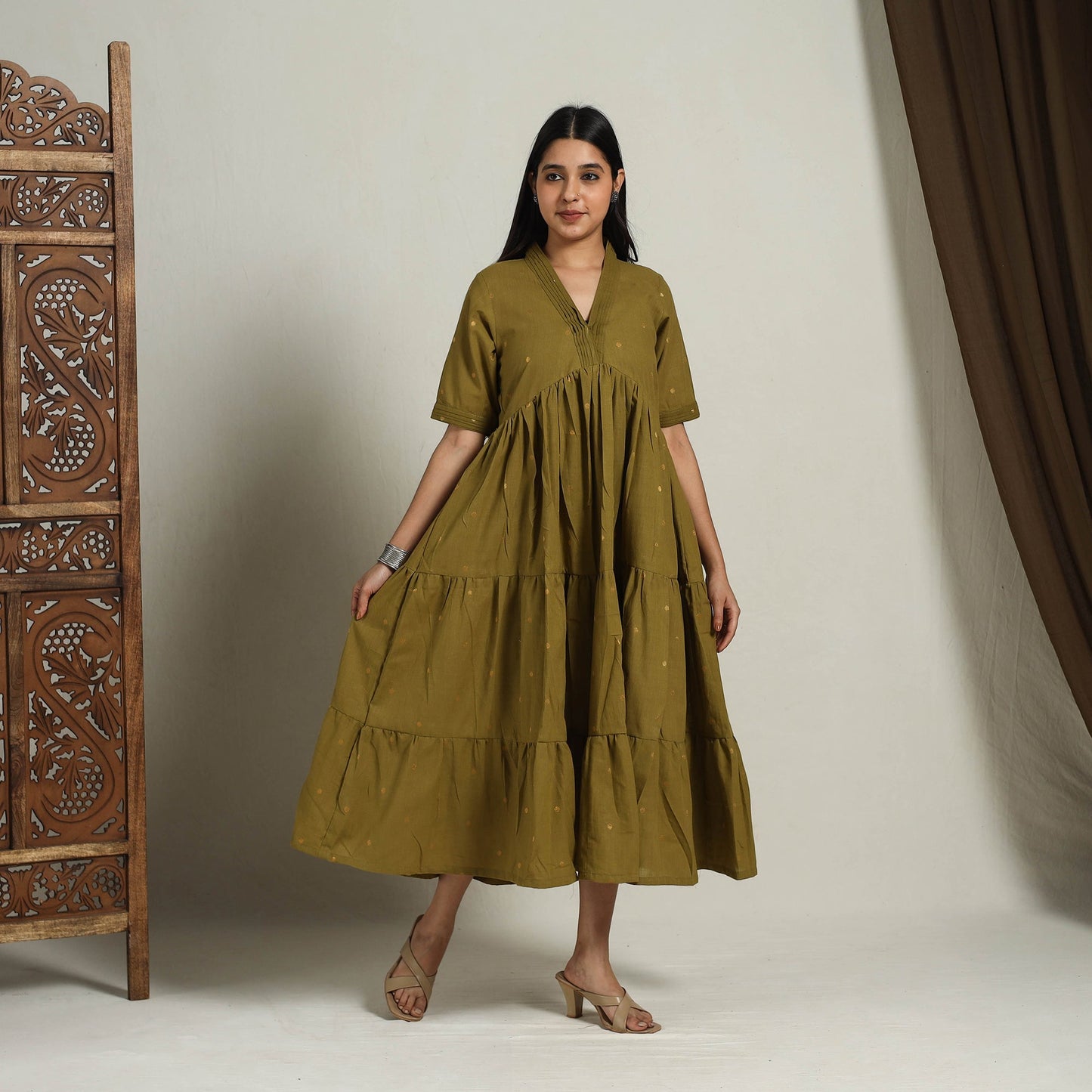  Tiered Fit & Flare Cotton Green Jacquard Dress 