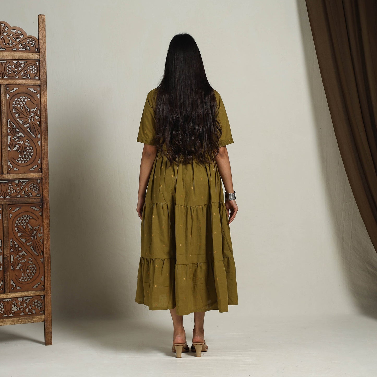  Tiered Fit & Flare Cotton Green Jacquard Dress 