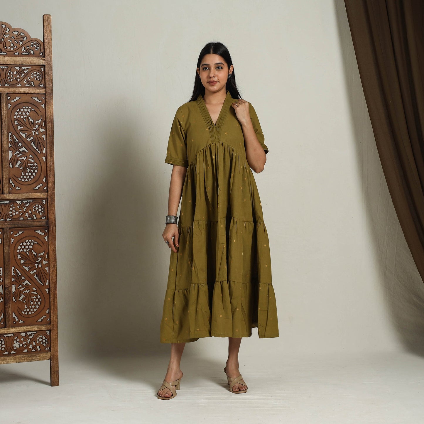 Tiered Fit & Flare Cotton Green Jacquard Dress 