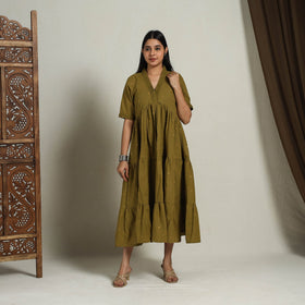  Tiered Fit & Flare Cotton Green Jacquard Dress 