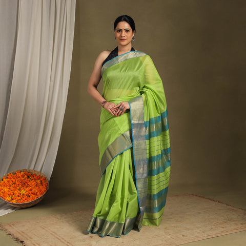 Green - traditional handloom zari work silk maheshwari