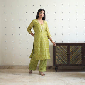 Green - Traditional Maheshwari Silk Bagru Print Kurta Set 03