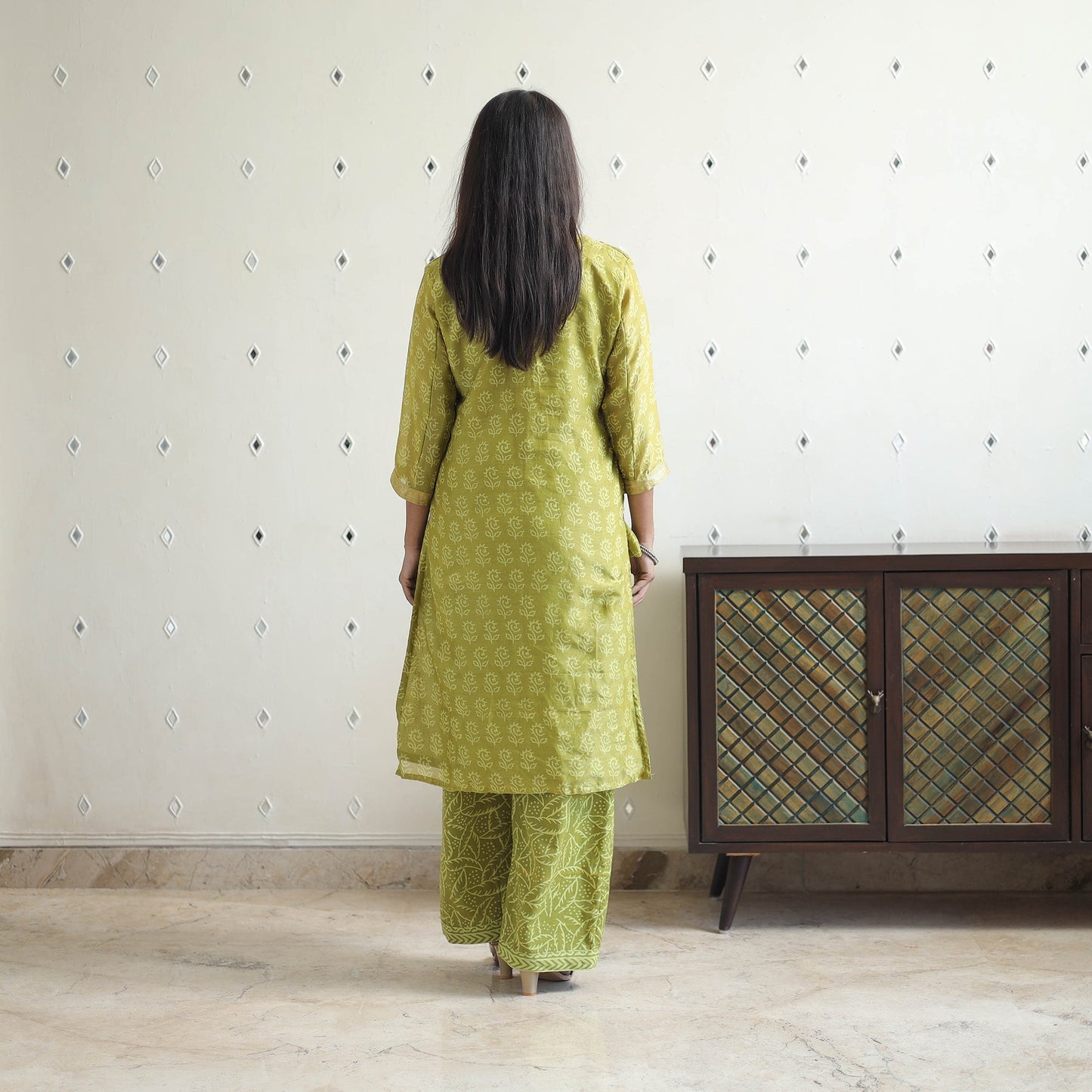 Green - Traditional Maheshwari Silk Bagru Print Kurta Set 03