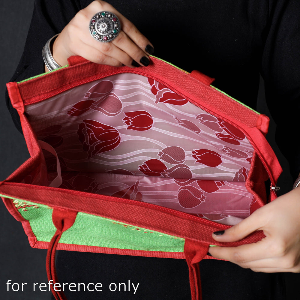 Green Tribal Hand Embroidered Jute Multipurpose Hand Bag/Lunch Bag