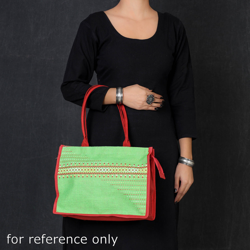 Green Tribal Hand Embroidered Jute Multipurpose Hand Bag/Lunch Bag
