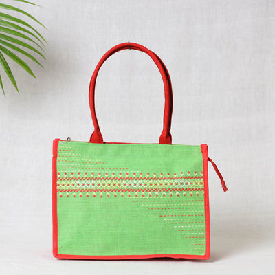 Green Tribal Hand Embroidered Jute Multipurpose Hand Bag/Lunch Bag