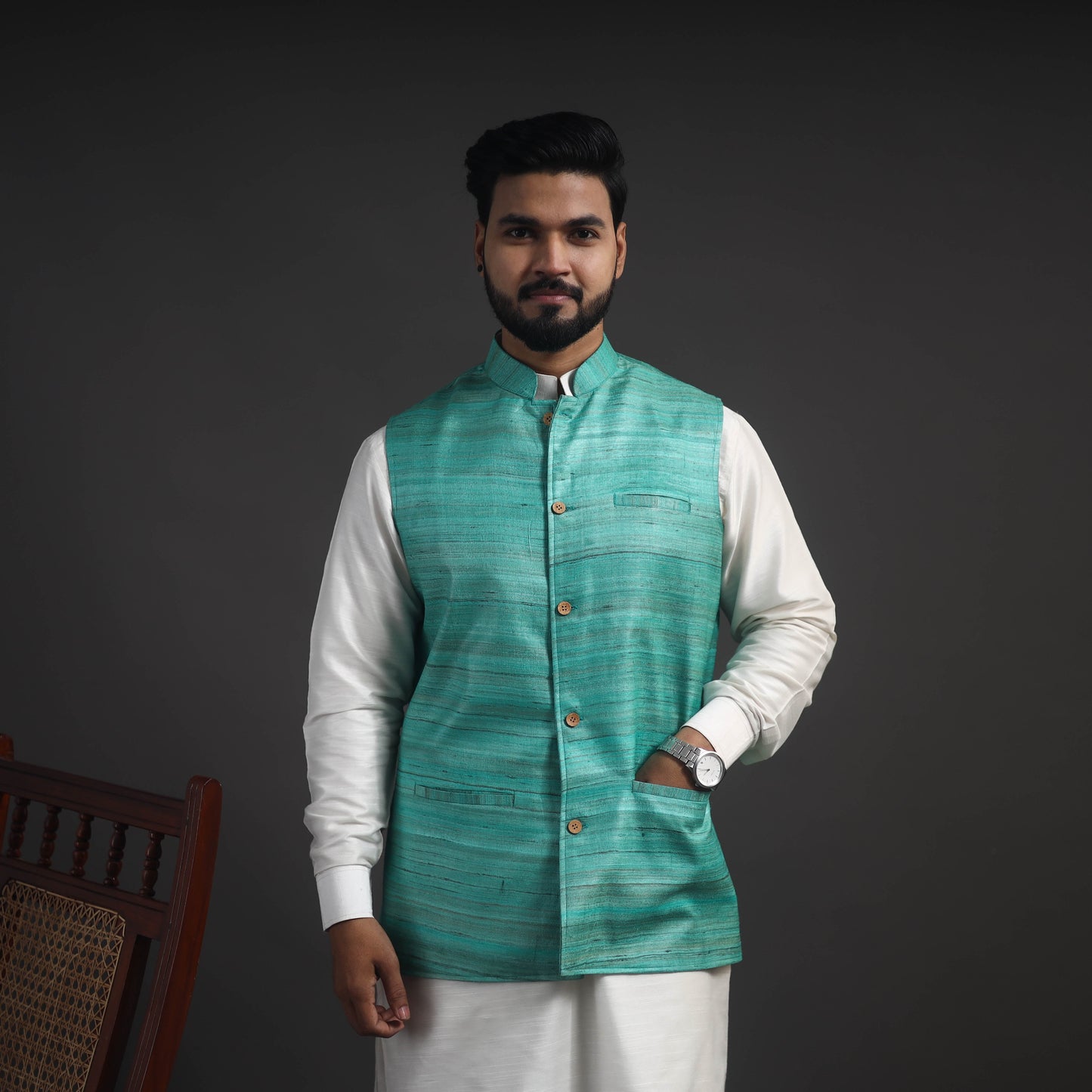 Green - vidarbha tussar x ghicha silk handloom nehru jacket